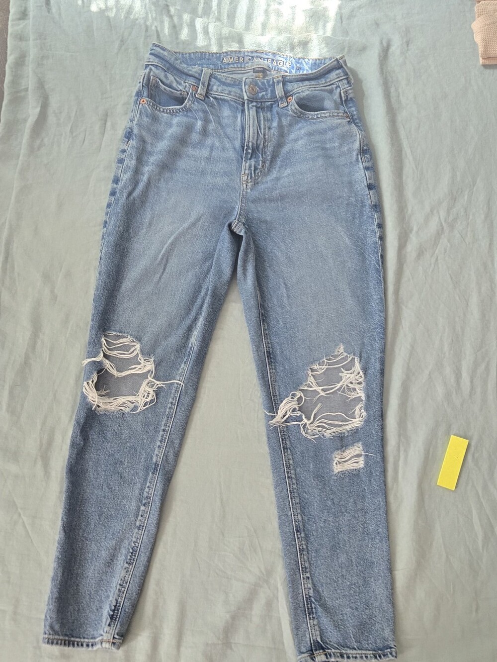 American Eagle Outfitters Light Blue High-Rise Distressed Mom Jeans